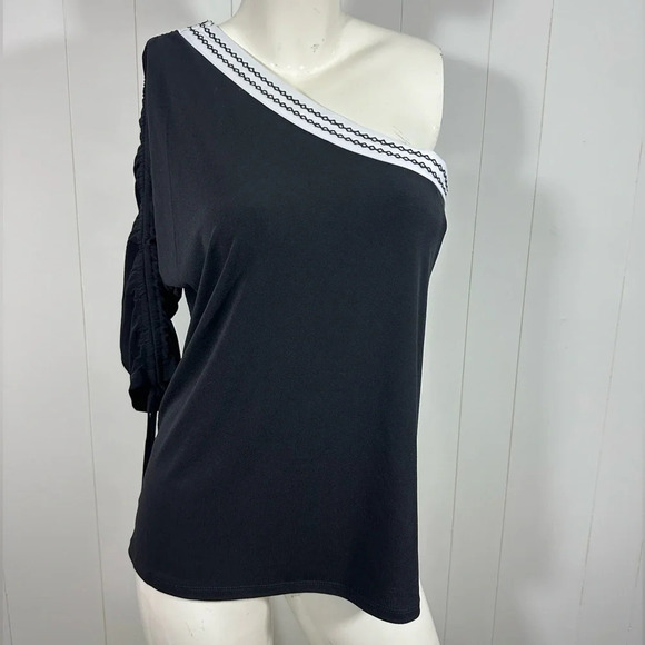 NWT NY & CO Women’s Sz M one shoulder black white blouse 3/4 Sleeve stretch - Picture 4 of 10